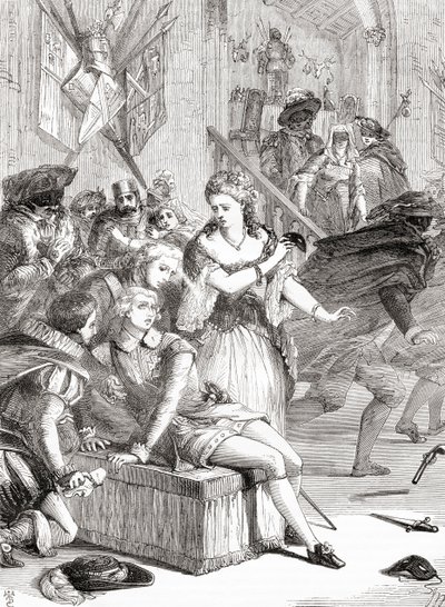 Assassinato de Gustavus III por Jackob Johan Anckarström num baile de máscaras, Estocolmo, Suécia, 1792 (gravura) de Unknown artist