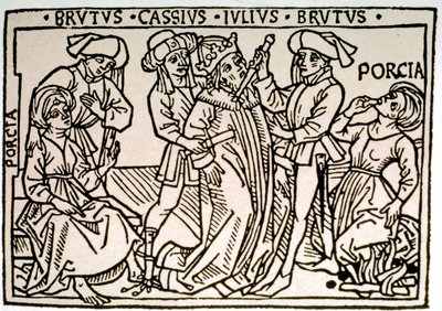 O assassinato de Jules Cesar (100-44 AC): ele é esfaqueado por Brutus e Cassius enquanto Porcie, esposa de Brutus, desaparece. Xilografia da Roma do século XVI, Biblioteca Vallicelliana ©Luisa Ricciarini/Leemage de Unknown artist