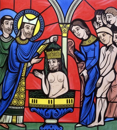 O batismo de Cristo. O colégio é semelhante a um vitral da Catedral de Le Mans. Traçado do século XIX. de Unknown artist