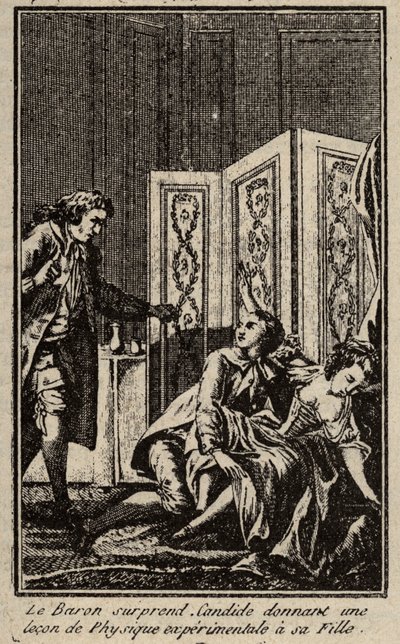 O barão surpreende Candide dando uma lição de física experimental à sua filha Frontispice para "Candide" de François Marie Arouet dit Voltaire. de Unknown artist