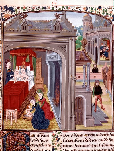 O nascimento de Alexandre o Grande (356-323 AC), filho de Olympias e Nectanebo II Miniatura tirada da "História de Alexandre o Grande" por QuinteCurce (Quintus Curtius Rufus) (século I d.C.) Século XV Chantilly, museu Conde de Unknown artist