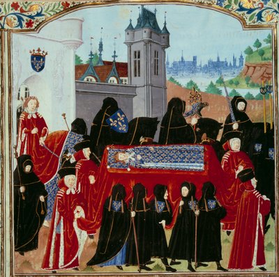 O corpo do falecido Rei Carlos VI (1368-1422) é transportado, atrás da procissão o novo Rei Carlos VII (1403-1461) a 22/10/1422 Miniatura do manuscrito "Crônicas de Carlos VII" (Ms. fr. 2691) de Jean Chartier de Unknown artist