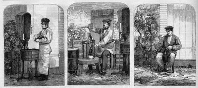 O engarrafamento do vinho Champagne. Gravura a partir de 1864. de Unknown artist