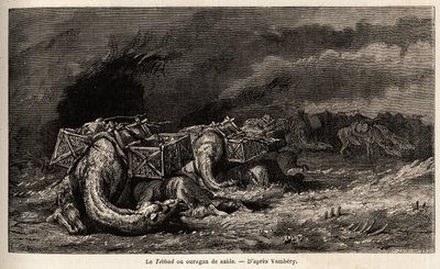 A caravana de camelos apanhada num furacão de areia chama tebbad. Desenho de Emile Bayard (1837-1891), para ilustrar a viagem à Ásia Central, em 1863, de Arminius Vambery (cientista húngaro disfarçado em dervixe). Gravura em "Le tour du monde", editado por de Unknown artist