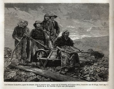 Os classificadores de carvão, tipo Creusot; em primeiro plano, sentados no carrinho de mão, o mais velho dos classificadores, a mãe Dion, 36 anos de triagem. Gravura para ilustrar uma viagem ao Creusot e às minas de Saone e Loire, em 1865, por L. Simonin,  de Unknown artist