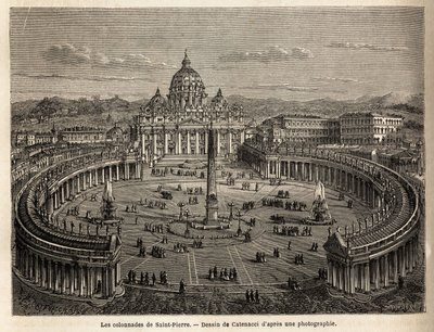 As colunatas de São Pedro no Vaticano, trazidas pelos Bernini (1598-1680) de 1655, em plano elíptico, que se tornaram um lugar comum da arquitetura barroca e rococó. Gravura para ilustrar a viagem a Roma, de Francis Wey, em 1864-1868, editis de Unknown artist