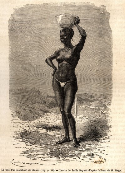 A filha de um marabu de Oualet (Mauritânia), usando um jatte na cabeça para fazer sabão preto. Gravura para ilustrar a viagem ao Sudão Ocidental do Tenente (Marinha) M.Mage, em 1863-1866, publicada no "Le tour du monde, nouveau journal des voyages". de Unknown artist