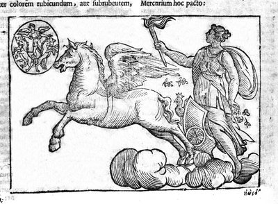 O amanhecer (a carruagem do sol). Alegoria do nascer do sol com os personagens da mitologia grega e romana no céu. Gravura de "Mythologiae sive explicationes fabularum" da Natalis Comitis. 1637. de Unknown artist