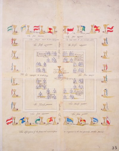 A descrição da forma e do modo do nosso acampamento na viagem do Norte dos Generais, c.1600 (papel, linho) de Unknown artist