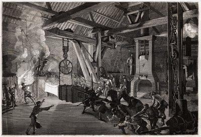 O martelo de tambor (baterista) tem a forja de grandes obras; a enorme peça a forjar sai do forno deslumbrante manobra de homens para trazê-la para debaixo da baqueta. Gravura para ilustrar uma viagem ao Creusot e às minas de Saone e Loire, em 1865, por L. de Unknown artist