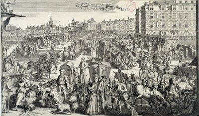 O constrangimento da Pont Neuf em Paris. Ilustração do trânsito e dos engarrafamentos de trânsito nas ruas de Paris no século XVIII. Gravura a partir de 1710. Paris, Musee Carnavalet de Unknown artist