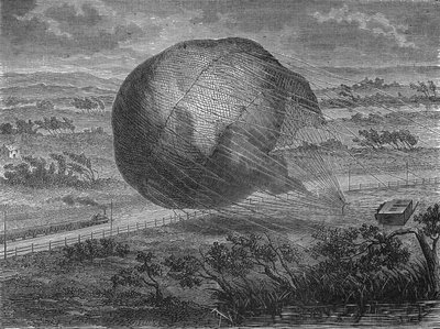 A queda da bola "The Giant" nas planícies de Hanôver em 1863 com a bordo: Jules e Louis Godard, Felix Nadar, sua esposa, Fernand Montgolfier e Thirion. In" Album de la Science", Éditions Jouvet de Unknown artist