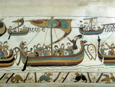 A frota de Guilherme I o Conquistador (1027-1087) atravessa o Canal da Mancha em direcção a Inglaterra. Tapeçaria ou bordado Bayeux pela Rainha Mathilde de Unknown artist