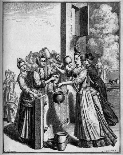 A ajuda da sopa em Paris durante a fome de 1709. Desenho de Sellier, depois de uma estampa do século XVIII. de Unknown artist