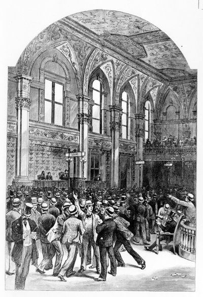 O interior da Bolsa de Valores de Nova Iorque em 1881. de Unknown artist