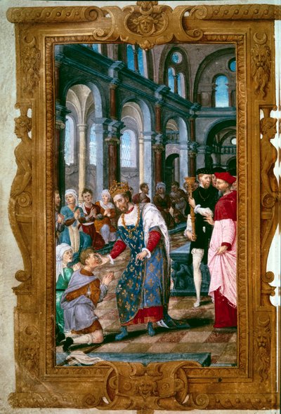 O rei toca, Deus vos ouve o rei Henrique II (1519-1559), o taumaturge, guerreiros fartos de ecrouelles na abadia de São Marcoul, logo após a cerimônia da coroação de Reims. Perto dele, o arco de Reims. Miniatura de "As Horas de Henrique II" 154 de Unknown artist