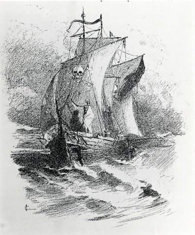 A lenda do Navio Fantasma ou do Holandês Voador: um comandante holandês que quisesse tentar o destino teria sido condenado a vaguear no seu navio para sempre trazendo infortúnio aos navios que cruzavam o seu caminho. A gravura do século XIX. de Unknown artist