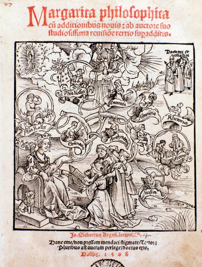 As artes liberais: Trivium (gramática, lógica e retórica) e quadrivium (aritmética, geometria, música e astronomia) (gravura de Unknown artist