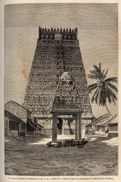 A gopuram principal do templo de Rama a Combaronum, composto por 11 andares e encimado por 11 bolas, as várias faces desta torre piramidal estão completamente cobertas com estátuas. de Unknown artist