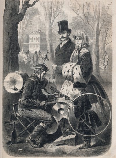 A orquestra masculina dos Champs Elysees em Paris. Ele tem um chapéu de sinos, uma caixa de rolos nas costas, címbalos nos joelhos e toca violino. Gravura em "Le Monde illustrious" de 1862. Colecção privada. de Unknown artist