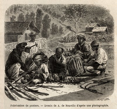 O fabrico de cestos de folhas de palmeira, para a recolha de café. Gravura para ilustrar a viagem ao Brasil, história de M. e Mme Agassiz, em 1865-1866, publicada na "Le tour du monde, nouveau journal des voyages", sob a direção de Edouard Charto de Unknown artist