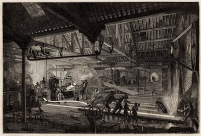 A fabricação dos trilhos nas antigas forjas de Le Creusot, as tiras de aço, brancas de calor, estendem-se em trilhos entre os laminadores. Gravura para ilustrar uma viagem ao Creusot e às minas de Saone e Loire, em 1865, por L. Simonin, em "Le tou de Unknown artist