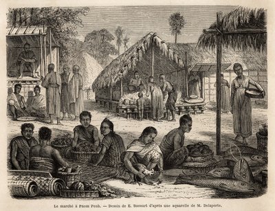 O mercado em Phnom Penh, onde lojistas e comerciantes chineses da Malásia oferecem uma vasta gama de produtos de consumo e fabricação. Gravura para ilustrar a viagem de exploração na Indochina, de Francis Garnier, tenente de Vaissseau, em 1866-1868, de Unknown artist