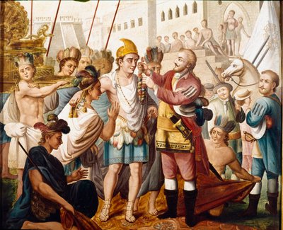 O encontro entre Hernán (ou Hernando) Cortes ou Fernand Cortez (1485-1547) e o rei asteca Montezuma (ou Moctezuma: 1466 - 1520) em novembro de 1519 Pintura anônima do século XIX. Museu da América, Madrid. de Unknown artist