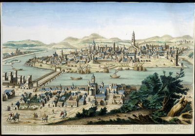 O porto e a cidade de Sevilha - gravura do século XVIII. de Unknown artist