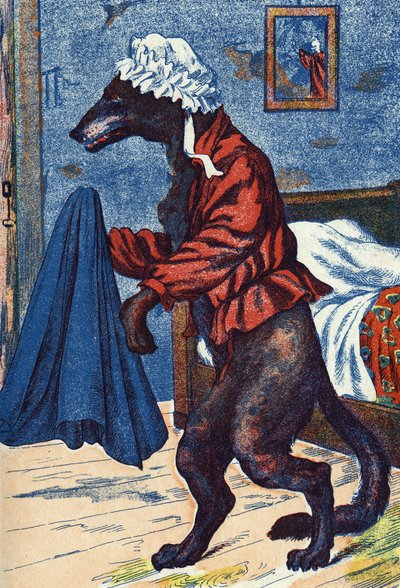 O lobo veste a roupa da avó. Ilustração anônima de "The Little Red Riding Hood", conto de Charles Perrault (1628-1703), escritor francês. Imagery Marcel Vagne, Jarville Nancy, sem data (final do século XIX). de Unknown artist