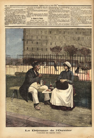 O almoço dos trabalhadores, reprodução da pintura de Henri Cain (1859-1930), pintor e dramaturgo. Gravura em "Le petit journal" 18/04/1891. A coleção de Selva. de Unknown artist