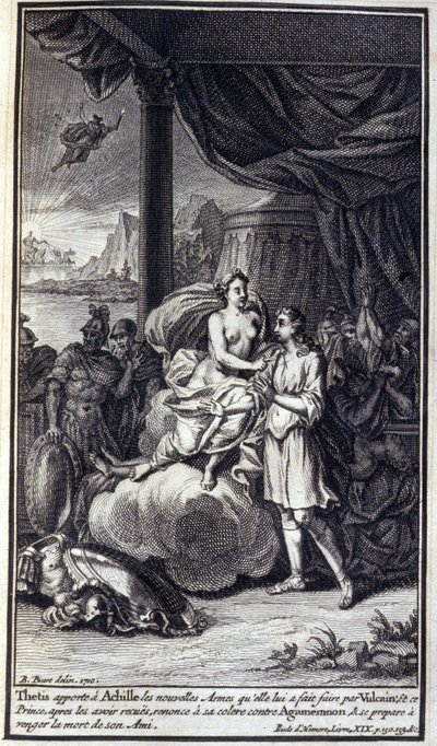 Thetis traz para Aquiles as novas armas que ela lhe fez por Vulcano; e este príncipe, depois de tê-las recebido, renuncia à sua ira contra Agamenón e se prepara para vingar a morte de seu amigo. Ilustração do livro XIX da Ilíada de Homero, Frenc de Unknown artist