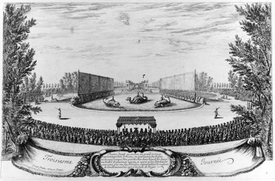 Terceiro dia: teatro montado no meio da Grande Lagoa, representando a ilha de Alcine... Gravura de 1676. de Unknown artist