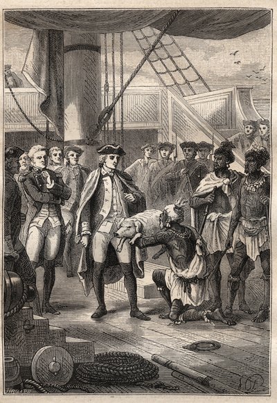 Terceira viagem (1776-1779) do Capitão James Cook (1728-1779): Padre Koah oferece um porquinho para Cook, a bordo do navio Resolução (Havaí) - ilustração de "Os Grandes Marinheiros do Século 18". de Unknown artist