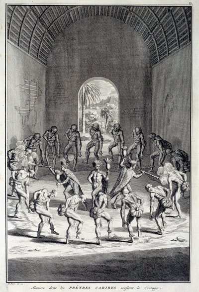 Dança tradicional: Ritos na dança da coragem dos karibs, Índias Ocidentais (América Central). Gravura do século XVIII. Chartres, Museu de Belas Artes de Unknown artist