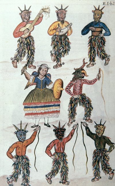 Dança tradicional dos Diablicos no Peru, do livro "Trujillo del Peru" ou "Códice Martínez Compañón", de Baltazar Martinez Compañón y Bujanda, bispo de Trujillo (1782-1785) de Unknown artist