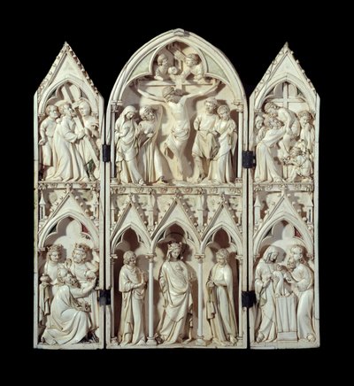 Tríptico de Saint-Sulpice du Tarn: Carro da Cruz, Crucificação, Descida da Cruz, Adoração dos Magos, Virgem Gloriosa, Apresentação no Templo. Meias de marfim esculpidas em relevo. Por volta de 1300 Paris, Museu Nacional da Idade Média, Termas d de Unknown artist