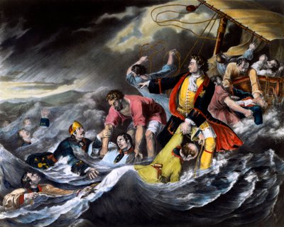 O Czar Pedro I, o Grande (1672-1725) salva os soldados de se afogarem durante uma tempestade. Impressão anônima por volta de 1724. São Petersburgo. Biblioteca de l
