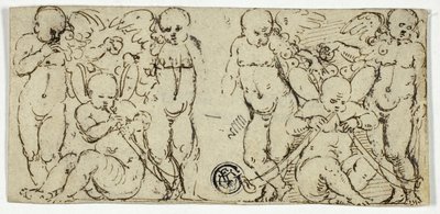 Dois grupos decorativos de Putti com trombetas e frutas de Unknown artist
