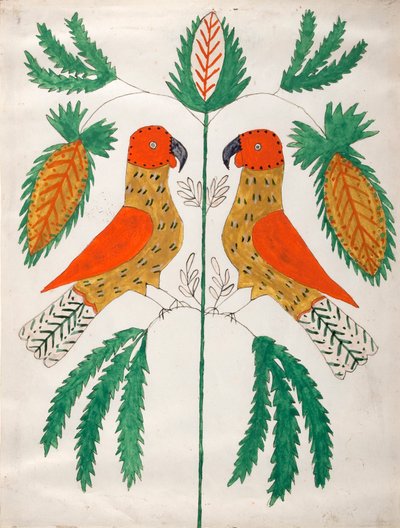 Dois papagaios vermelhos e amarelos frente a frente (folhas verdes) de Unknown artist