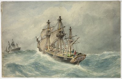 Dois navios de três mastros no mar tempestuoso de Unknown artist