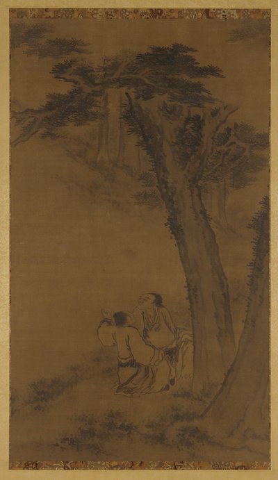 Duas figuras em uma encosta sob árvores de Unknown artist