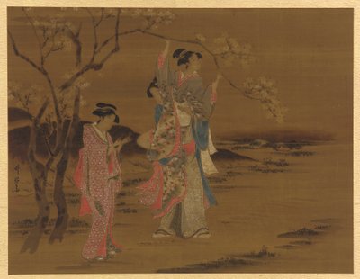 Duas garotas e um homem debaixo de uma cerejeira de Unknown artist