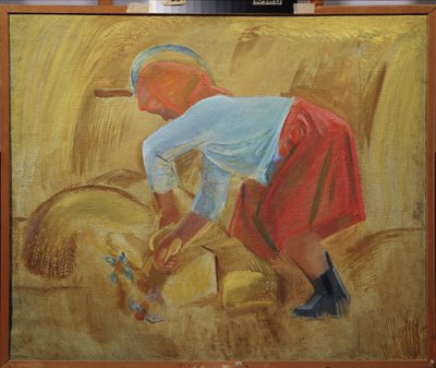 Uma segadeira com uma foice na cabeça. Pintura de Alexei Fyodorovich Pakhomov (1900-1973), óleo sobre tela de Unknown artist