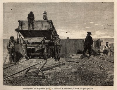 Descarga de vagões de guano nas ilhas Chincha (Oceano Pacífico, perto da costa sudoeste do Peru), cujo principal interesse era a exploração de depósitos de guano (utilizados como fertilizante), depósitos em falésias de granito servindo de refúgio para uma  de Unknown artist