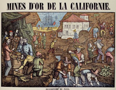 Várias atividades de uma mina de ouro na Califórnia: busca de pepitas, pesagem, compra, saída da mercadoria. Gravura do século XIX. Paris, artes decorativas de Unknown artist