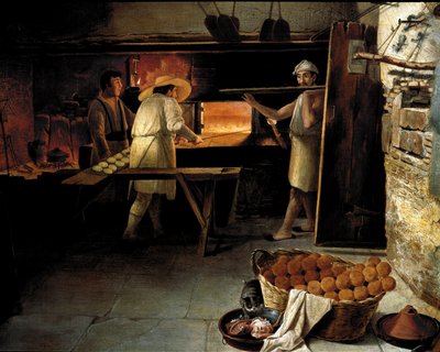 Vista do interior de uma padaria Pasteleiros assam o pão no forno. Pintura anónima do século XVIII. Roma, Museo del Folklore de Unknown artist