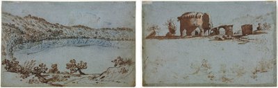 Vista do Lago Nemi (reto) Pequeno Grupo de Ruínas Romanas (verso) de Unknown artist