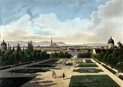 Vista do Belvedere de Viena, palácio barroco austríaco construído por Eugene de Savoye. Litografia do século XIX de Unknown artist