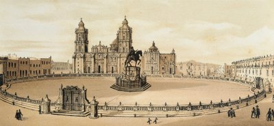 Vista da Praça Zocalo e da Catedral na Cidade do México, México Litografia do final do século XIX de Unknown artist